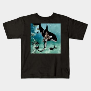 Wonderful mermaid with orca in the deep ocean Kids T-Shirt